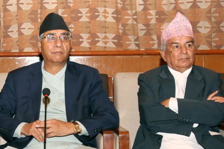 Nepali Congress President Sher Bahadur Deuba and senior leader Ram Chandra Paudel attending a party's meeting in Nayabaneshwor, Kathmandu, on Tuesday, August 23, 2016. Photo: RSS