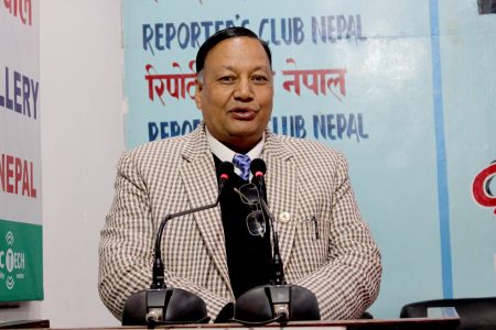 Nepal Communinst Party leader Devendra Poudel speaks at an interaction program organized by the Reporters' Club Nepal at the Exhibition Road, Bhrikutimandap, Kathmandu on Sunday, February 10, 2019. Photo: Paban Bhattarai/Reporters' Club Nepal
