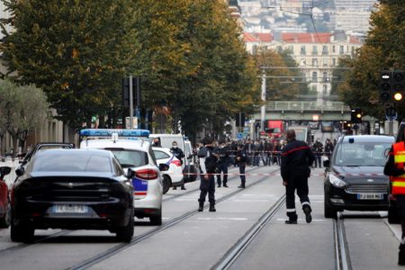Police officers secure the area after a reported knife attack at Notre Dame church in Nice, France, October 29, 2020. REUTERS/Eric Gaillard