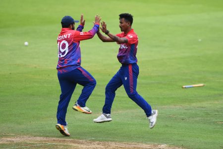 LONDON, ENGLAND - JULY 29: Sompal Kami of Nepal celebrates getting a wicket during the T20 Triangular Tournament match between The Netherlands and Nepal at Lords on July 29, 2018 in London, England. (Photo by Nathan Stirk/Getty Images)