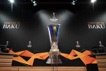 The UEFA Europa League football cup is displayed prior to the draw for the round of 32 of the UEFA Europa League football tournament at the UEFA headquarters in Nyon on December 17, 2018. (Photo by Fabrice COFFRINI / AFP)        (Photo credit should read FABRICE COFFRINI/AFP/Getty Images)