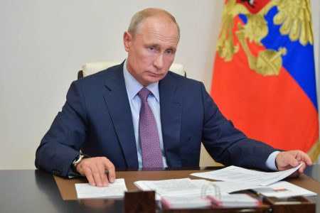 MOSCOW REGION, RUSSIA - JULY 2, 2020: Russia's President Vladimir Putin holds a video conference meeting of the Pobeda [Victory] Russian Organizing Committee at Novo-Ogaryovo residence. Alexei Druzhinin/Russian Presidential Press and Information Office/TASS (Photo by Alexei DruzhininTASS via Getty Images)