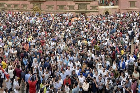 A mass protest was held against the Guthi Bill registered in the National Assembly at Patan Durbar Square, in Lalitpur, on Thursday, June 13, 2019. Photo: Naresh Krishna Shrestha/THT