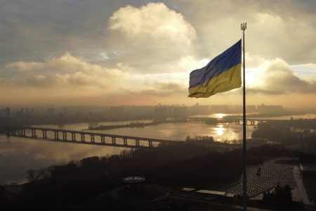 FILE PHOTO: Ukraine's biggest national flag on the country's highest flagpole is seen at a compound of the World War II museum in Kyiv, Ukraine, December 16, 2021. Picture taken with a drone.  REUTERS/Valentyn Ogirenko