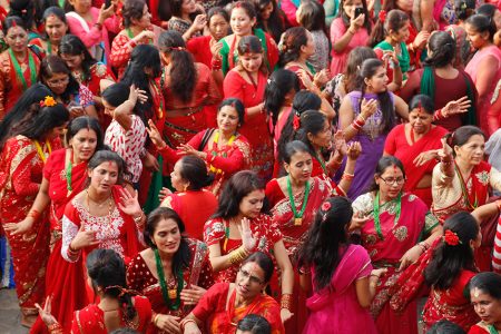 Women dancing to celebrate Haritalika Teej Festival at  at Pashupatinath ,Katmandu, on Wednesday, September 16, 2015. Women celebrate the festival by fasting, singing, dancing and offering prayers to Lord Shiva.
Photo : Dinesh Gole / Nagarik / Republica /