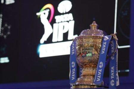 IPL Trophy during day one of the TATA Indian Premier League Player Auction held at the ITC Gardenia hotel in Bengaluru on the 12th February 2022

Photo by Arjun Singh / Sportzpics for IPL