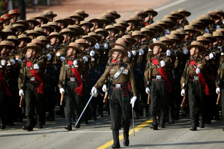 An Indian army contingent marches during the Republic Day parade in New Delhi on January 26, 2019. - India celebrated its 70th Republic Day. (Photo by Money SHARMA / AFP)