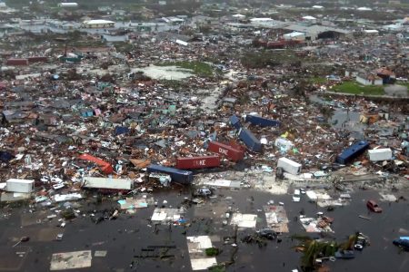 HANDOUT PHOTO:  This image taken by video provided by  Brandon Clement of WxChasing / LSM  shows vast destruction of Hurricane Dorian in Abaco, Bahamas on Tuesday, Sept. 3, 2019. (Photo by Brandon Clement/LSM)