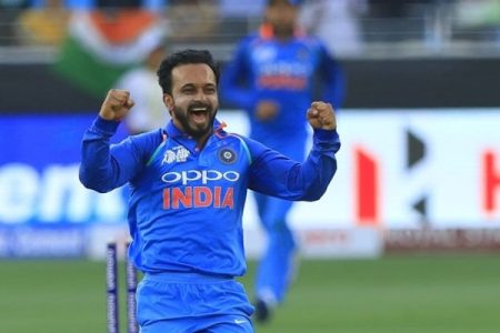 Indian cricketer Kedhar Jadhav  celebrates as Pakistan's Shoaib Malik (unseen) is run out  during the 5th cricket match of Asia Cup 2018 between India and Pakistan at Dubai International cricket stadium,Dubai, United Arab Emirates. 09-19-2018
 (Photo by Tharaka Basnayaka/NurPhoto via Getty Images)