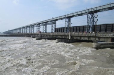 Swollen Saptakoshi River after incessant rainfall at the Koshi Barrage