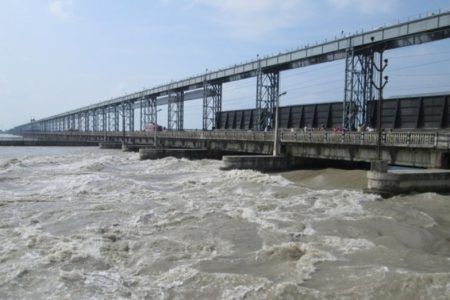 Swollen Saptakoshi River after incessant rainfall at the Koshi Barrage