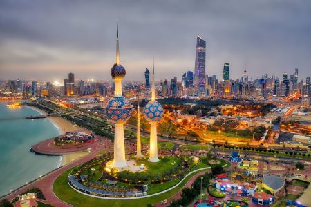 Kuwait Tower City Skyline glowing at night, taken in Kuwait in December 2018 taken in hdr