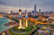 Kuwait Tower City Skyline glowing at night, taken in Kuwait in December 2018 taken in hdr