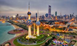 Kuwait Tower City Skyline glowing at night, taken in Kuwait in December 2018 taken in hdr