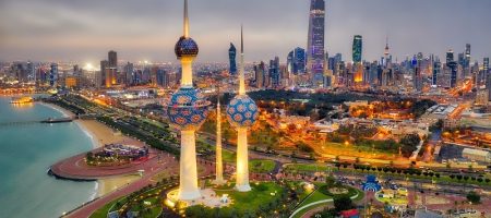 Kuwait Tower City Skyline glowing at night, taken in Kuwait in December 2018 taken in hdr