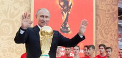 FIFA President Gianni Infantino and President of Russian Federation Vladimir Putin stay on the stage with a Trophy during FIFA World Cup Trophy Tour at Luzhniki stadium on September 9, 2017 in Moscow, Russia. (Oleg Nikishin/FIFA/Getty Images)