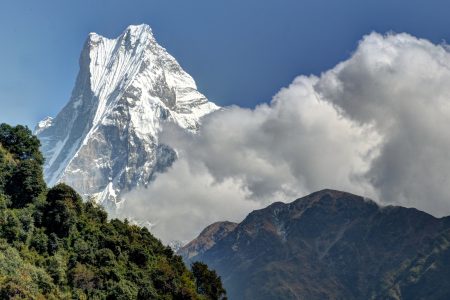 On the way to Choomrong, Machapuchare rises above the forested ridge.