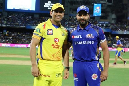 MS Dhoni captain of the Chennai Superkings  and Rohit Sharma captain of the Mumbai Indians during the toss of the match one of the Vivo Indian Premier League 2018 (IPL 2018) between the Mumbai Indians and the Chennai Super Kings held at the Wankhede Stadium in Mumbai on the 7th April 2018.

Photo by Vipin Pawar / IPL / SPORTZPICS