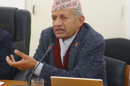 Minister for Foreign Affairs Pradeep Kumar Gyawali speaks at a meeting of the National Assembly’s National Concern and Coordination Committee to discuss the Millennium Challenge Corporation Compact Programme, in Singha Durbar, Kathmandu, on Thursday, December 26, 2019. Photo: RSS