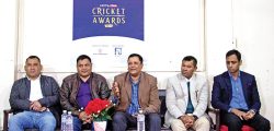 Technical Committee members with other officials at a press meet of the NCCS CPAN Cricket Awards in Kathmandu on Sunday. Photo: THT