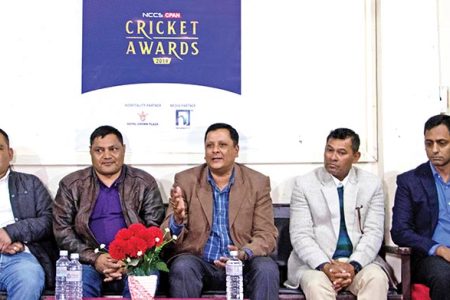 Technical Committee members with other officials at a press meet of the NCCS CPAN Cricket Awards in Kathmandu on Sunday. Photo: THT