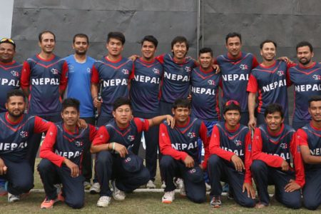 Nepali Cricket team pose for photo after finishing the match against Namibia at the Tribhuvan University Cricket Stadium in Kirtipur on Monday, April 18, 2016. Photo: Udipt Singh Chhetry/THT