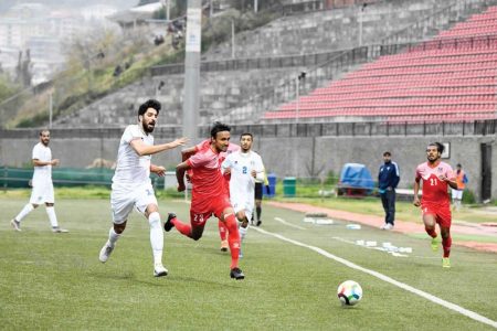 Nepals Rohit Chand (right) vies for the ball with his Kuwaiti opponent during their match at the Changlimithang Stadium in Thimpu, Bhutan on Tuesday, November 19, 2019. Photo Courtesy: ANFA