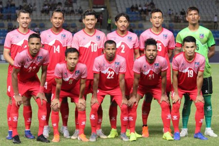 Nepal's national football team pose for a portrait prior to their game against Chinese Taipei on Tuesday, September 10, 2019. Courtesy: Suman Chapagain