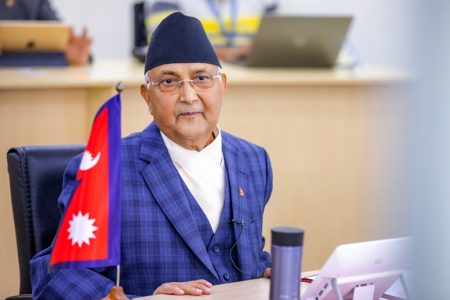 PM KP Sharma Oli during the video conference meeting with chief ministers from the seven provinces. Photo Courtesy: Rajan Kafle/Secretariat of Prime Minister of Nepal
