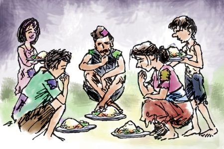 Feeding poor. Illustration: Ratna Sagar Shrestha