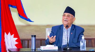 Prime Minister KP Sharma Oli organises a consultation meeting at his official residence in Baluwatar, Kathmandu, on Tuesday, September 8, 2020. The meeting seeks a solution to the psychological effect of COVID-19 pandemic on society. Photo: Rajan Kafle/PM’s Secretariat