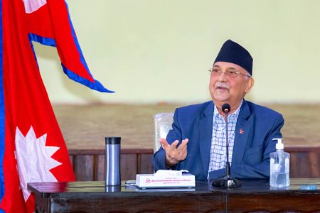 Prime Minister KP Sharma Oli organises a consultation meeting at his official residence in Baluwatar, Kathmandu, on Tuesday, September 8, 2020. The meeting seeks a solution to the psychological effect of COVID-19 pandemic on society. Photo: Rajan Kafle/PM’s Secretariat