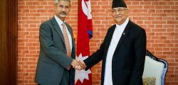 Prime Minister KP Sharma Oli and Indian Minister of External Affairs S Jaishankar shaking hands during a meeting, in Kathmandu, on Wednesday. Photo: THT