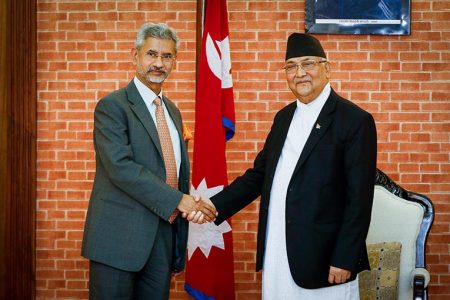 Prime Minister KP Sharma Oli and Indian Minister of External Affairs S Jaishankar shaking hands during a meeting, in Kathmandu, on Wednesday. Photo: THT