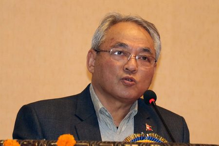 Home Minister Ram Bahadur Thapa speaks at a programme in Kathmandu, on Tuesday, December 25, 2018. Photo: RSS