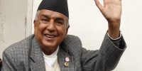 Nepali Congress President candidate Ram Chandra Paudel waves while casting vote in the election during the party's 13th national general convention in Kathmandu on Sunday, March 6, 2016. Photo: RSS