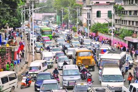 Vehicles are seen stuck in a traffic jam at Ratnapark, Kathmandu, on Friday, August 12, 2016. Photo: BalKrishna Thapa Chhetri