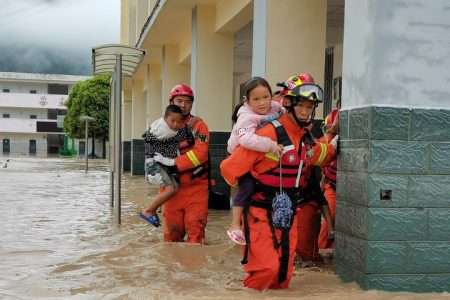 The firefighters saving 7000 people from the heavy rain in Mianning,Sichuan,China on 27th June, 2020.(Photo by TPG/cnsphotos) (TopPhoto via AP Images)