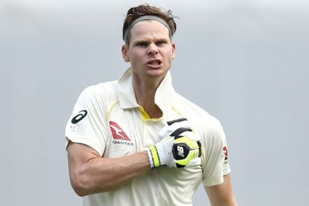 BRISBANE, AUSTRALIA - NOVEMBER 25:  Steve Smith of Australia celebrates after reaching his century during day three of the First Test Match of the 2017/18 Ashes Series between Australia and England at The Gabba on November 25, 2017 in Brisbane, Australia.  (Photo by Ryan Pierse/Getty Images)