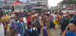 Travellers who have been stranded in lack of sufficient vehicles during Dashain festival, in Bhanuchok, Dharan, on Friday, October 4, 2019. Photo: Santosh Kafle/THT
