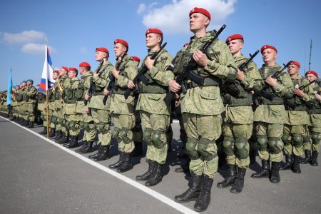 Russian service members attend a ceremony opening the military exercise Zapad-2021 staged by the the armed forces of Russia and Belarus at the Obuz-Lesnovsky training ground in Brest Region, Belarus September 9, 2021. Picture taken September 9, 2021. Vadim Yakubyonok/BelTA/Handout via REUTERS