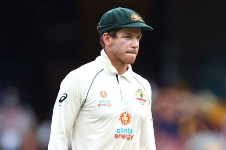Australia's captain Tim Paine looks on between the overs on day five of the fourth cricket Test match between Australia and India at The Gabba in Brisbane on January 19, 2021. (Photo by Patrick HAMILTON / AFP) / --IMAGE RESTRICTED TO EDITORIAL USE - STRICTLY NO COMMERCIAL USE-- (Photo by PATRICK HAMILTON/AFP via Getty Images)
