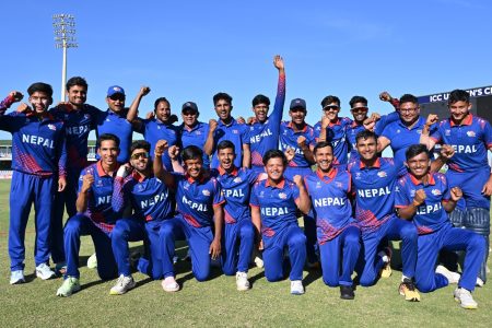 EAST LONDON, SOUTH AFRICA - JANUARY 26: Players of Nepal celebrate after the team's victory during the ICC U19 Men's Cricket World Cup South Africa 2024 match between Afghanistan and Nepal at Buffalo Park on January 26, 2024 in East London, South Africa. (Photo by Johan Rynners-ICC/ICC via Getty Images)