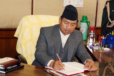 Vice-President Nanda Bahadur Pun assumes his office after being sworn-in by President Bidya Devi Bhandari, in Kathmandu, on Sunday, November 1, 2015. Photo: RSS
