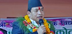 Nepal's Vice-President Nanda Bahadur Pun speaking at the Achane Higher Secondary School's anniversary programme in Dhading district, on Sunday, December 5, 2016. Photo: RSS