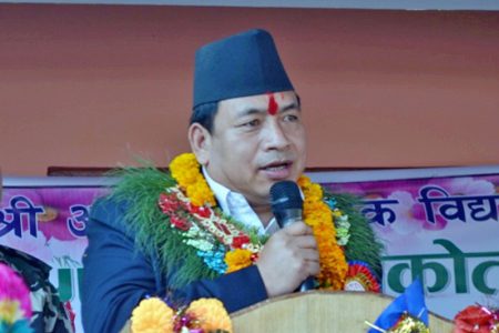 Nepal's Vice-President Nanda Bahadur Pun speaking at the Achane Higher Secondary School's anniversary programme in Dhading district, on Sunday, December 5, 2016. Photo: RSS