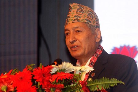 Finance Minister Yubaraj Khatiwada addresses the two-day third Responsible Business Summit organised by National Business Initiative under the theme of ‘responsible business for sustainable development’, in Kathmandu, on Friday, September 6, 2019. Photo: Bal Krishna Thapa Chhetri/THT