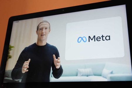 Seen on the screen of a device in Sausalito, Calif., Facebook CEO Mark Zuckerberg announces their new name, Meta, during a virtual event on Thursday, Oct. 28, 2021. Zuckerberg talked up his latest passion -- creating a virtual reality "metaverse" for business, entertainment and meaningful social interactions. (AP Photo/Eric Risberg)