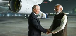 INDIA - DECEMBER 4, 2025: India's Prime Minister Narendra Modi (R) welcomes Russia's President Vladimir Putin at the Palam Air Force Base. Grigory Sysoyev/POOL/TASS
