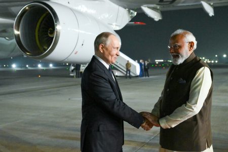 INDIA - DECEMBER 4, 2025: India's Prime Minister Narendra Modi (R) welcomes Russia's President Vladimir Putin at the Palam Air Force Base. Grigory Sysoyev/POOL/TASS
